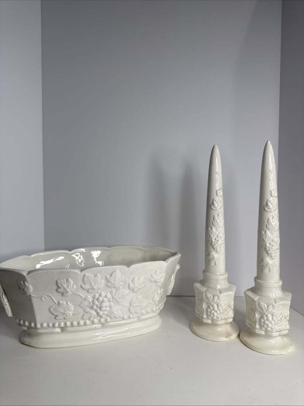 Vintage Arnart Milk White China Grape Centerpiece Bowl And Steeple Candle Holder